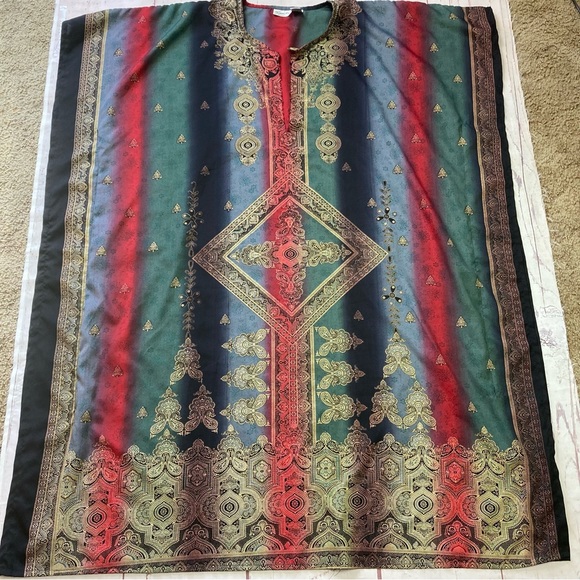 Vintage Sante Classics One Size Multicolor Boho Kaftan Dress Patio Artsy Maxi - Picture 2 of 14